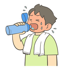 水筒から勢いよく水を飲む男の子