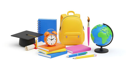 Back to School Essentials with Graduation Cap Globe and Colorful Supplies