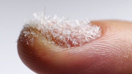 Fototapeta premium Finger close-up with frost crystals growing on skin, on light background