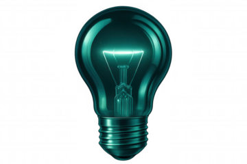 Turquoise light bulb glowing on a transparent background, representing ideas, innovation, and solutions