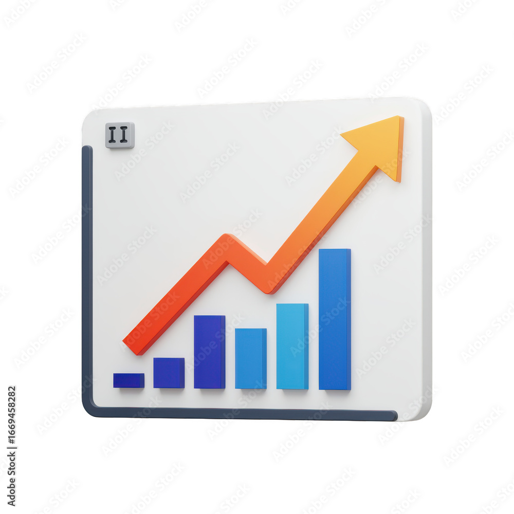 Poster 3d bar chart with upward arrow isolated on transparent background