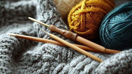 Close-up view of knitting project with yarn and needles, showcasing craft and hobby