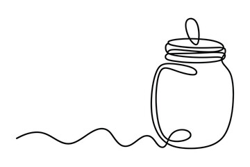Minimalist continuous line drawing of a mason jar with a straw and wavy line extending from the base on a white background