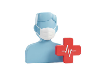 Isolated cartoon doctor in face mask stands next to a medical sign with heartbeat symbol