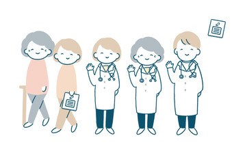 杖をつく女性と手を振るお医者さんのイラストセット