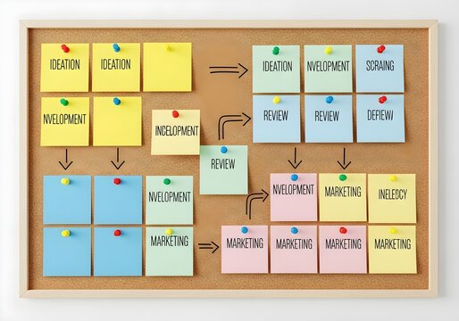 Bulletin board filled with color-coded task cards organized in structured layout representing task delegation and teamwork planning flow