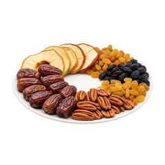 Obraz premium A delicious assortment of dates, dried apples, golden and dark raisins, and pecans arranged on a white plate, perfect for a healthy snack or energy boost.