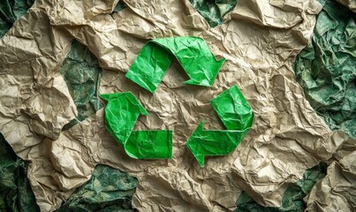 crumpled piece of paper with a bright green recycling symbol prominently displayed, symbolizing eco-friendly practices and sustainable packaging solutions aimed at conserving natural, Generative AI