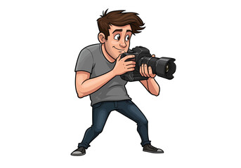 Enthusiastic photographer captures moments with professional camera, ready for action shots