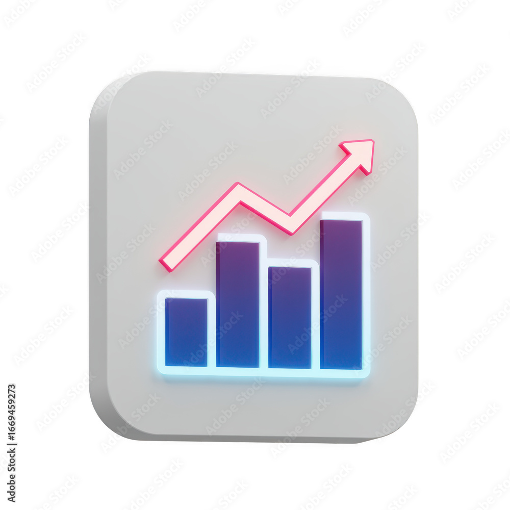 Poster 3d bar chart with upward trend arrow isolated on transparent background