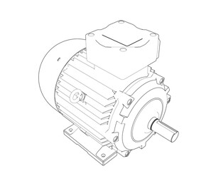Engineering Wireframe of Industrial AC Motor: Simple line art blueprint for factory automation and manufacturing, depicting a three-phase induction motor, crucial for mechanical and electrical systems