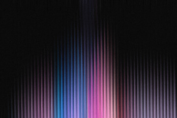 A dark background with vertical lines of vibrant blue, pink, and purple light emanating upwards,...