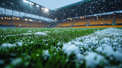 Snowy soccer field at stadium