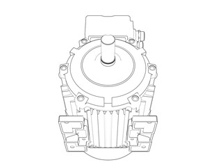 Industrial Electric Motor Wireframe: Monochrome Technical Drawing for Engineering and Manufacturing. Precision Line Art Outline of a Machinery Component and Power Equipment for Automation and Design.