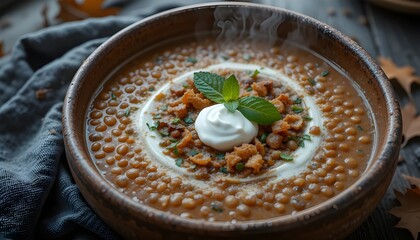 A warm and inviting bowl of creamy red lentil soup, garnished with a dollop of rich coconut cream and a sprinkle of fragrant fresh mint leaves, sits atop a worn terracotta plate on a rustic wooden tab