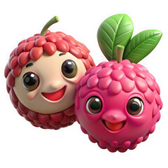 Two cute cartoon lychee characters with smiling faces isolated on transparent background