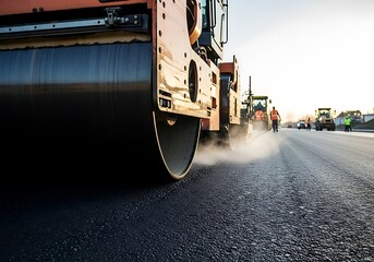 Steam rising from asphalt roller compacting new road surface