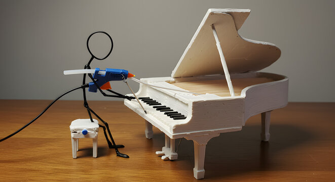 Creative Stick Figure 'Playing' Miniature Piano with Hot Glue Gun