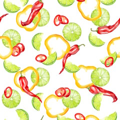 Hand-drawn illustration of a seamless pattern with red chili peppers, green and yellow bell peppers, and lime slices