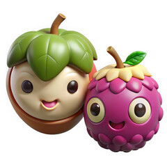 Cute cartoon hazelnut and raspberry characters isolated on transparent background
