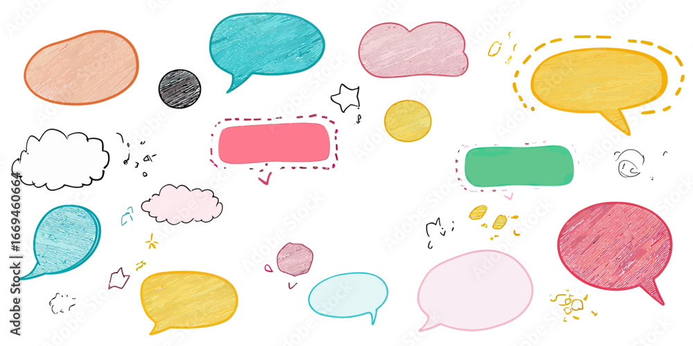 Poster set of colorful hand drawn chalk style speech bubbles and thought clouds in various shapes and sizes