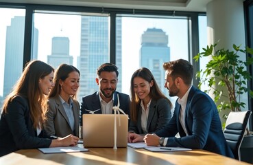 Diverse business team discusses renewable energy project around laptop featuring wind turbine models. Colleagues in suits collaborate on green tech innovation, planning eco-friendly strategy with