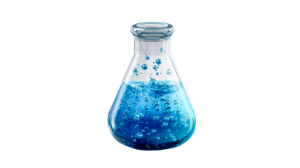 Clear glass flask containing vibrant blue liquid with numerous air bubbles, cut out transparent