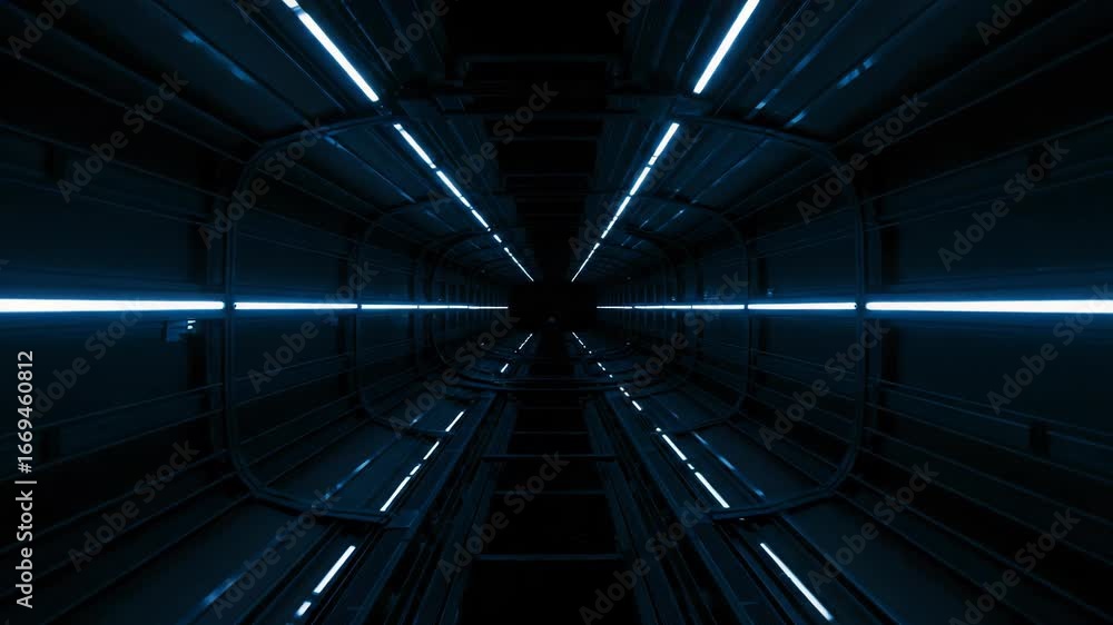 Poster abstract futuristic tunnel with glowing blue neon lights receding into the distance, creating a sens