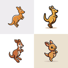 Obraz premium Four different cartoon-style kangaroo characters display lively poses, highlighting a playful and energetic theme. Each kangaroo showcases unique features in vibrant colors.