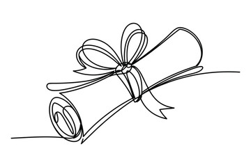 Elegant continuous line drawing of a rolled diploma or certificate tied with a ribbon and bow symbolizing achievement and education