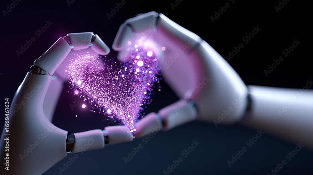 Poster a robotic hand gently holds a sparkling purple heart made of glowing particles. the image conveys a 