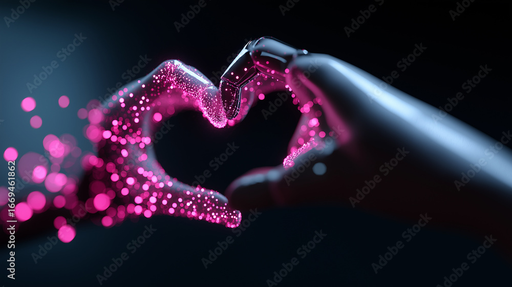 Poster two robotic hands create the shape of a heart with sparkling pink particles, symbolizing a fusion of