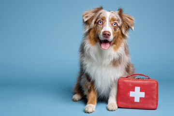 Cute Australian Shepherd dog with a red first aid kit sitting on a blue background, ready to assist and provide care to other animals in need for an emergency
