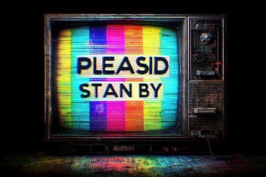 Retro style Please Stand By technical difficulty screen with vibrant colors and classic television design from the mid-20th century