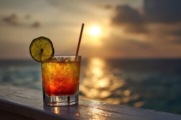 Sunset cocktail overlooking the Caribbean Sea on a tranquil evening with vibrant colors and refreshing flavors