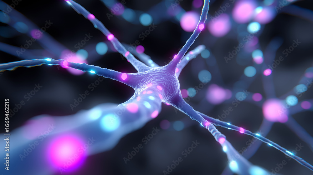 Aufkleber a close-up 3d render of a glowing neuron with electric impulses firing, symbolizing neural activity,