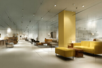 modern interior room featuring architectural sketch overlay showcasing contemporary lighting and design elements
