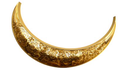 Ornate Golden Crescent Moon with Intricate Floral Relief Carvings, cut out transparent