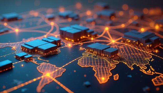 Futuristic 3D holographic map displays glowing supply chain pathways, global warehouses. Digital network visualizes connectivity, transportation routes. Modern technology optimizes logistics,