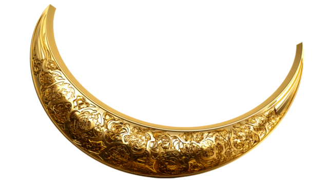 Ornate Golden Crescent Moon with Intricate Floral Relief Carvings, cut out transparent - Powered by Adobe