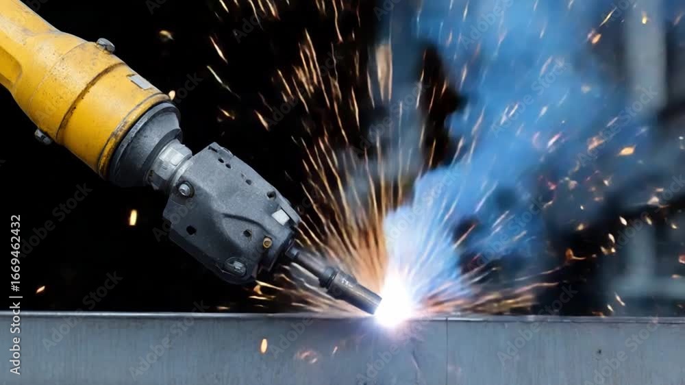 Poster robotic welding process: the image features a close-up of a robotic arm meticulously performing a we