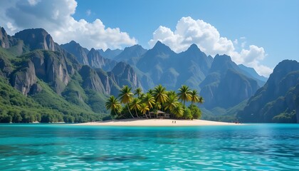 A serene tropical island set against a majestic backdrop of rugged mountains, with a crystal-clear turquoise lagoon gently lapping at its sun-kissed shores, and a few scattered palm trees swaying in t