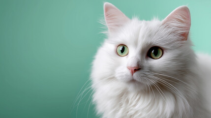 A close-up portrait of a beautiful white cat with green eyes, set against a turquoise background. The image captures elegance, calmness, and feline charm.