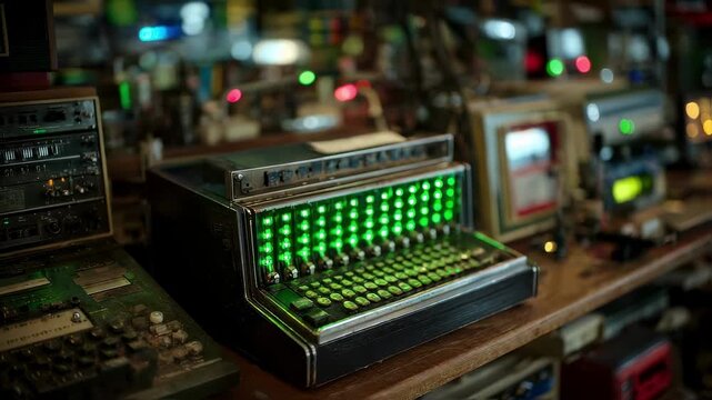 Focused medium shot on a retro punch card reader with vibrant green status lights surrounded by outoffocus vintage computing equipment illustrating the fusion of old hardware and
