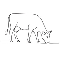 Minimalist continuous line art of a cow grazing with white background.
