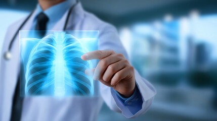 A doctor in a white lab coat is holding or interacting with a transparent digital hologram or screen displaying a chest X-ray. The image shows the lungs and ribcage in glowing blue, symbolizing medica