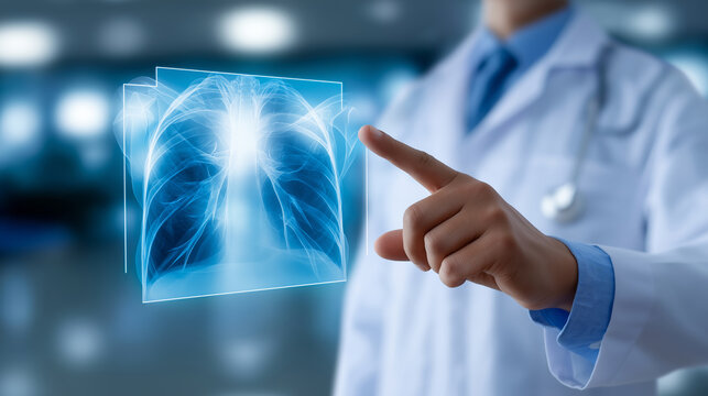 A doctor in a white lab coat is holding or interacting with a transparent digital hologram or screen displaying a chest X-ray. The image shows the lungs and ribcage in glowing blue, symbolizing medica - Powered by Adobe