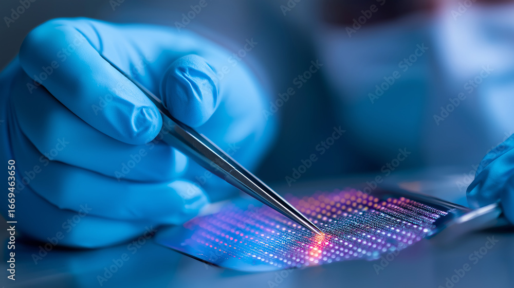 Poster close-up of gloved hands using tweezers to work with a colorful silicon wafer in a laboratory. the s