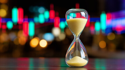 A transparent hourglass filled with yellow sand is placed in front of a blurry, colorful background showing stock market candlestick charts. The image represents the concept of time and finance.