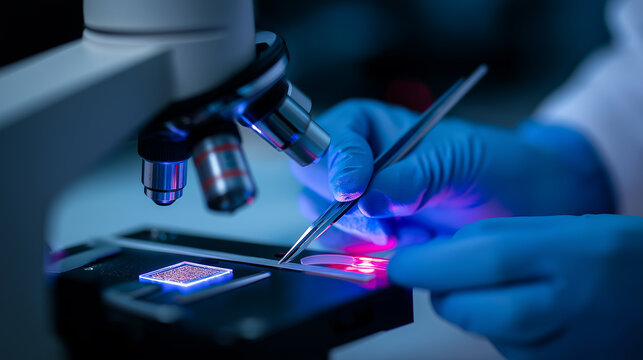 A scientist uses precision tools while examining a sample under a microscope in a lab environment. Blue lighting emphasizes a sterile and focused research setting.